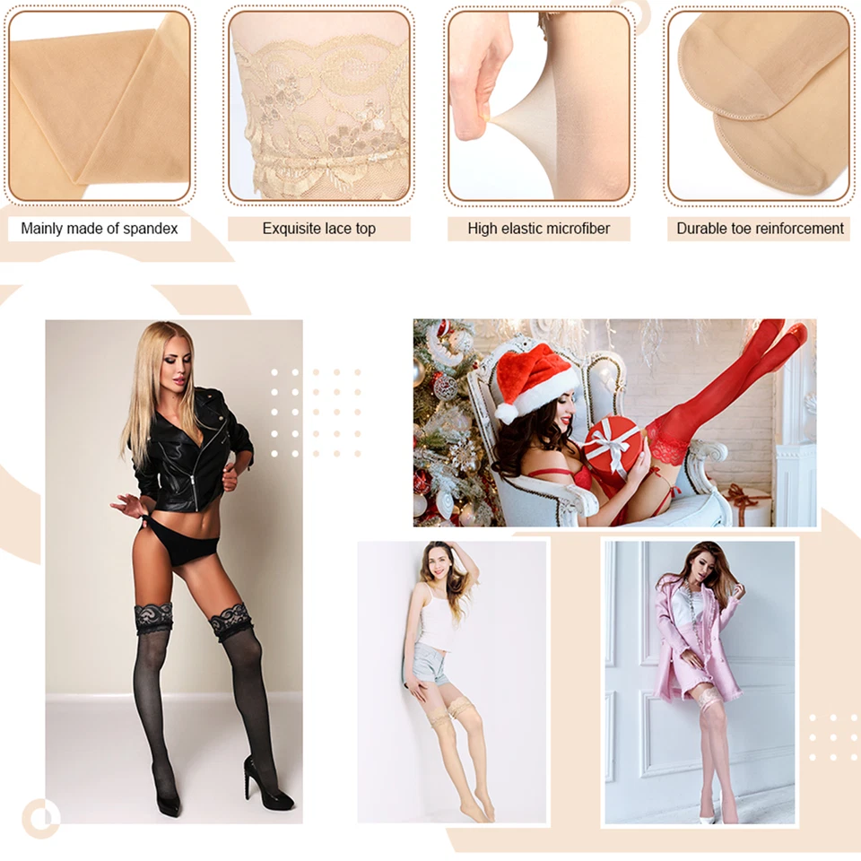 Medias para mujer pantimedias transparentes hasta el muslo de encaje para dama Foto 4 de 4