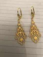Retro Gold Victorian Filigree Lever Back Dangling Earrings