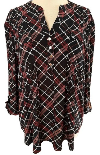 COCOMO XL Red Black White 3/4 sleeve women's Pintuck Blouse shirt