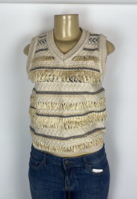 Tory Burch Women s Cream Striped Jacquard V-Neck Sweater Vest With Fringe XS