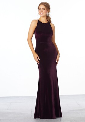 Mori Lee Madeline Gardner Velvet High Neck Eggplant Bridesmaid
