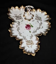 Hand Painted Rose & Gold Designs Leaf Shape Decorative Dresser Plate, 13 1/2"