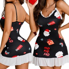 Women's Valentine's Santa Lingerie Dress Babydoll Chemise Ruffle Trim Nightdress