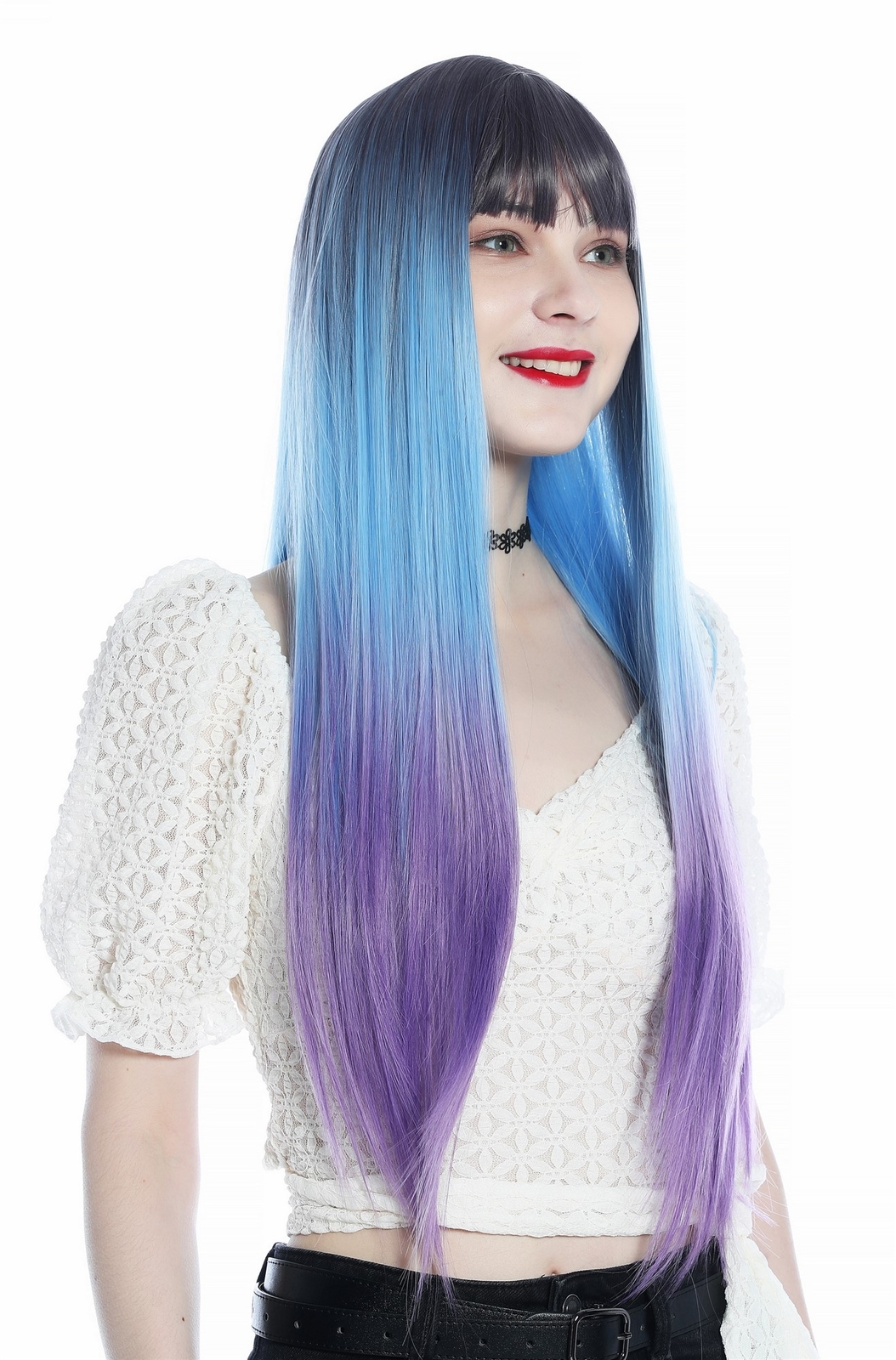 Perücke Damenperücke lang glatt Pony Ombre Violett Hellblau Lila Perrücke wig