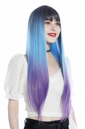 Perücke Damenperücke lang glatt Pony Ombre Violett Hellblau Lila Perrücke wig - Bild 3 von 6