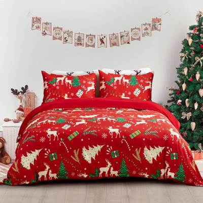 Christmas Duvet Cover Set Queen,Xmas Tree Reindeer Printed Bedding Set Soft Ligh