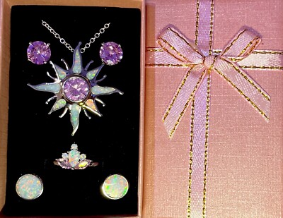 Elegant White Fire Opal Pink Topaz Starburst Necklace, 2 Pr Earrings, Ring 8 Set