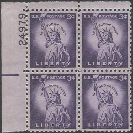 Plate Block of 4 stamps - Scott 1035 - 3 cent - Liberty - 1954 - MNH - Picture 1 of 1