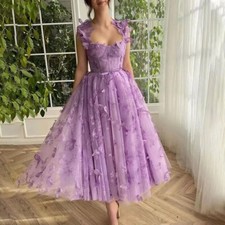 New Womens Beautiful Prom 3D Flower A-line Tulle Evening Dress Purple Prom Dress