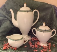 “Jade” Wedgewood Coffee Pot, Creamer & Tall Lidded Sugar Pot