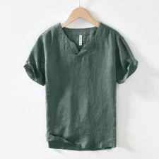 Men 100% Linen T-shirt V Neck Summer Short Sleeves Retro Tops Casual Undershirt