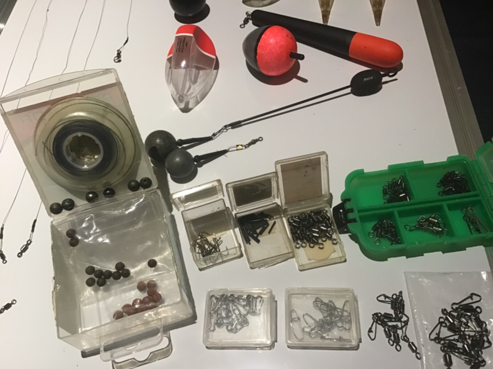 Pike fishing job lot. Fox,Drennan floats,hooks,trace,weight,book