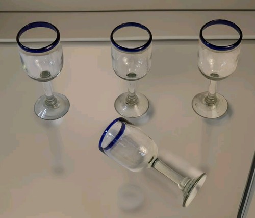 4 Vintage Heavy Mexican Recycled Hand Blown Wine Glass Goblets Cobalt Blue Rim
