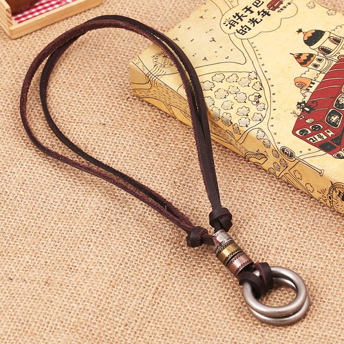 Mens Handmade Genuine Leather 2 Circles Pendant Brown Surfer Necklace - Picture 6 of 6