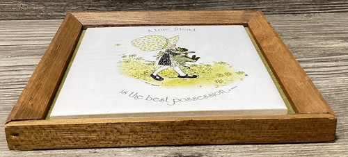 Holly Hobbie and Cat Wood Framed Ceramic Tile Wall Art 70s Vintage Sands 22cm - Picture 8 of 13