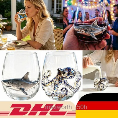 2D Printing Octopuses/Shark Stemless Wine Glasses, Marine Animal Bar Glass Gift