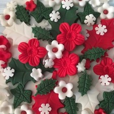 47 Edible Fondant Christmas Cake Cupcake Decorations Flowers Holly Ivy Snowflake