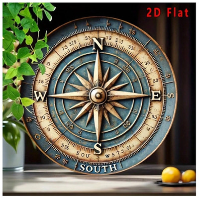 Vintage Compass Metal Wall Sign - 8x8'' Round Retro Decor With ''NW SOUTH'' Directi
