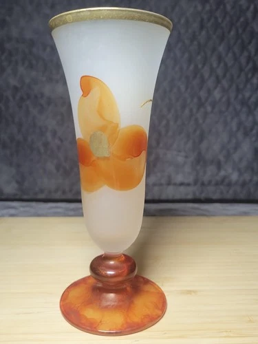 Murano Orange Flower Frosted Glass Bud Vase Handpainted Fluted Footed Vintage