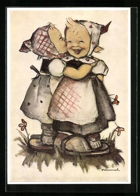 Artist postcard Hummel: girl whispers in her friend's ear 