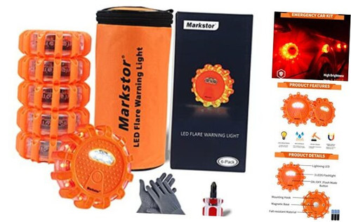 6 Pack LED Road Flare Emergency Car Kit With 9 Blinking Modes,Amber Roadside