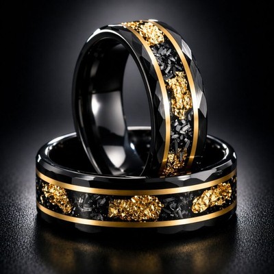 Black Hammered Tungsten Ring   Meteorite & Gold Leaf   8mm Men s Wedding Band