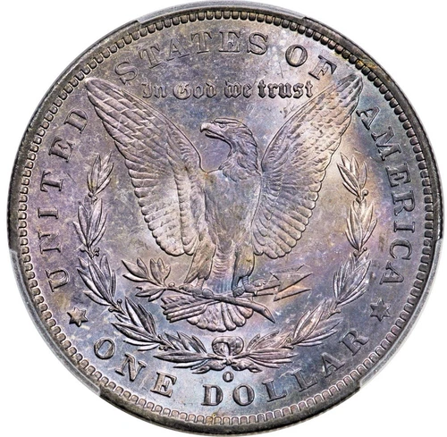 1885 O Morgan Silver Dollar PCGS MS 62 Rainbow Toned Reverse Bright Purple