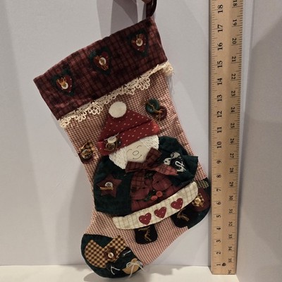 Quilted Treasures 3D Mrs Claus Christmas Stocking Buttons Ribbon Checkered Red