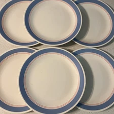 Set Of 6 Corelle COLONIAL BLUE 10 1/4” Dinner Plates Beige w/ Blue & Pink