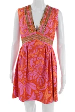 Anna Sui Womens Orange Paisley Silk Dupioni Mini Sundress V-Neck Size 6