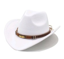 Unisex Faux Wool Felt Western Cowboy Hat with Belt Wide Brim Tibetan Cap