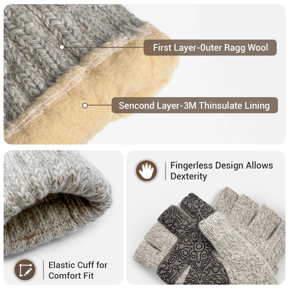 Men’s Ragg Wool Fingerless Gloves Thinsulate Lined Cold Weather Glove - Image 2 of 4