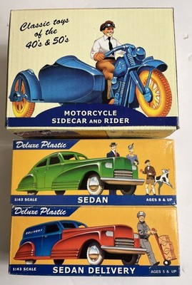 Dimestore Dreams Plastic 40 s50 sMotorcycle Sidecar & Rider Sedan Delivery Sedan