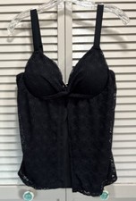 Tankini Swim Top Crochet Black Solid Size XL Molded Cups Lined Wide Adj Straps
