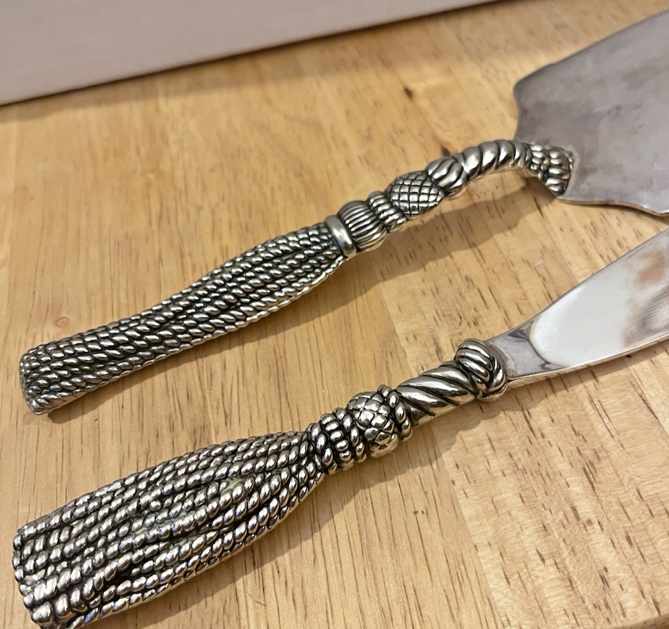 2 pc SILEA Silver Plated Cake Serving Set KNIFE & SERVER Rope & Tassel ...