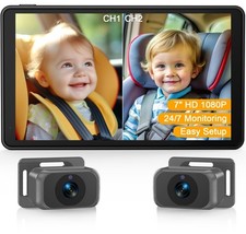 Baby Car Camera for 2 Kids - 7-Inch Split-Screen Monitor, Dual HD 1080P Camer...