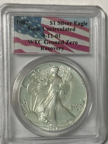 1987 WTC Ground Zero Recovery $1 Silver Eagle PCGS Gem Uncirculated NearPerfect!