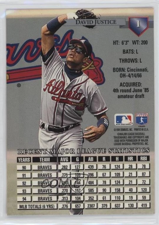 1995 Donruss David Justice #1 - Image 2 of 2