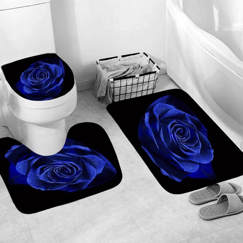 Rose Shower Curtain Rug Set Thick Bath Mat Non-Slip Bathroom Toilet Lid Cover - Picture 2 of 11
