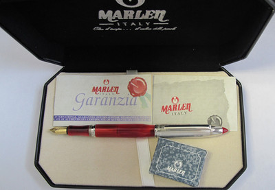 Marlen Shuttle Red & Silver Fountain Pen 18KT Gold Med Pt Pen New In Box 