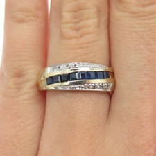 925 Sterling Silver Gold Plated Real Blue Sapphire White Topaz Ring Size 7