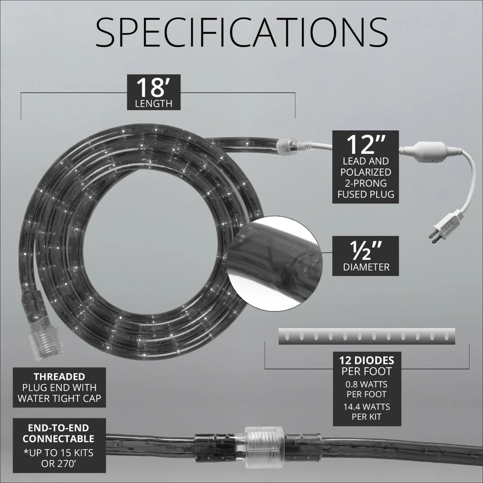 18 ft Heavy Duty LED Rope Light Kits Connectable Indoor Outdoor Tube Lights - Image 3 of 4