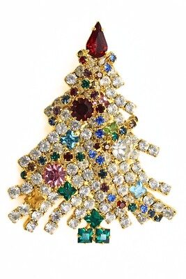 Lavish Rare! Dominique White Rhinestones Multicolor Pastel Christmas Tree Brooch