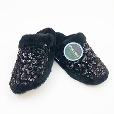 Snoozies Women's Black Sequin Glam Slide Slippers Med 7/8 Non Skid Soles