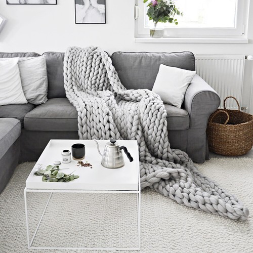 Grey Indoor Warm Hand Woven Blanket Wool Chunky Cable Knit Sofa Chair Blanket - Picture 2 of 7
