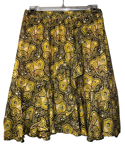 ANN TAYLOR LOFT Skirt Size S Yellow Paisley Faux Ruffle Wrap Boho Gypsy Artsy