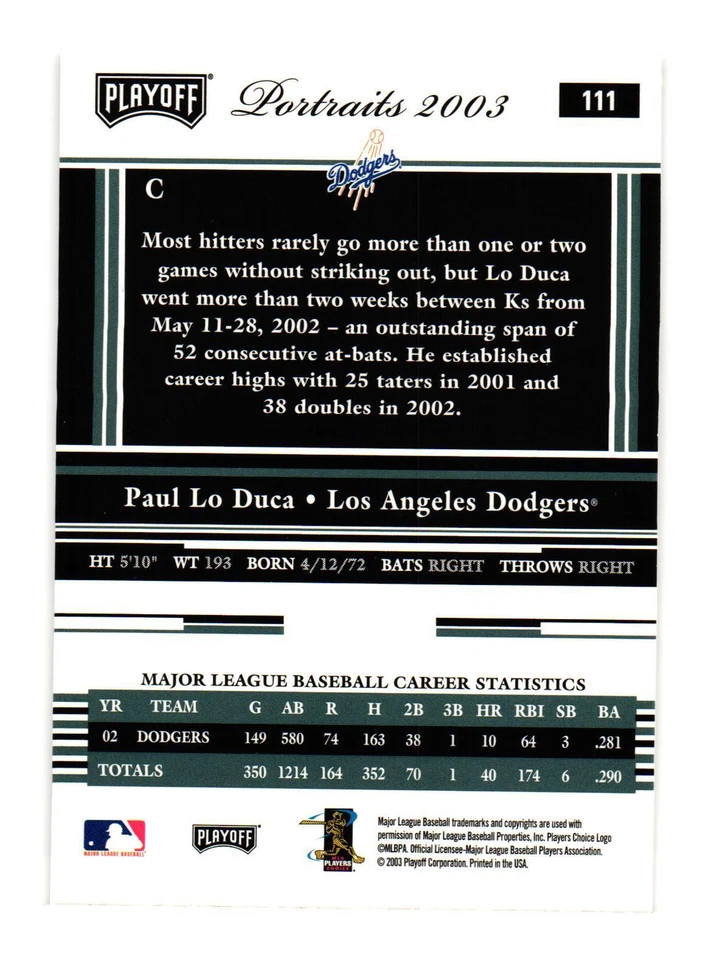 2003 Playoff Portraits #111 Paul Lo Duca Los Angeles Dodgers - Image 2 of 2