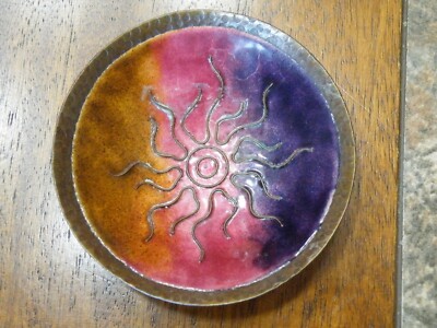 Vintage ARTIST SIGNED Enamel on Copper Trinket Dish Small Bowl FREE SHIP