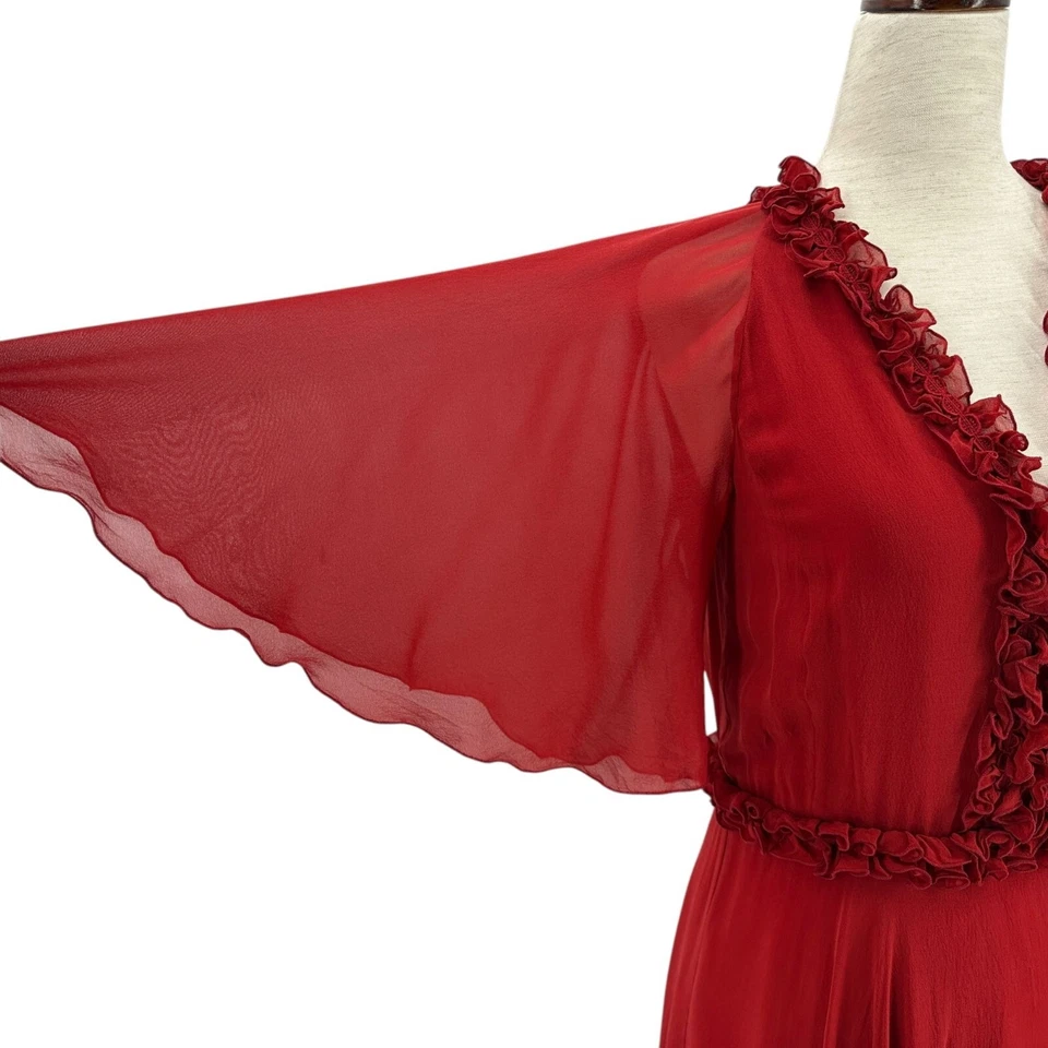 LONGCHAMP Mujer 6 Vestido Seda Manga Acampanada Rojo Vestido Midi Fiesta Cóctel Foto 3 de 4