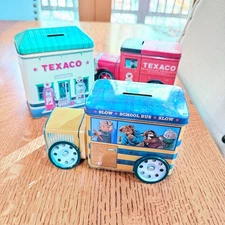 VTG Texaco Truck Coin Bank, Texaco Gas Station Bank, & Beary School Bus Bank VGC